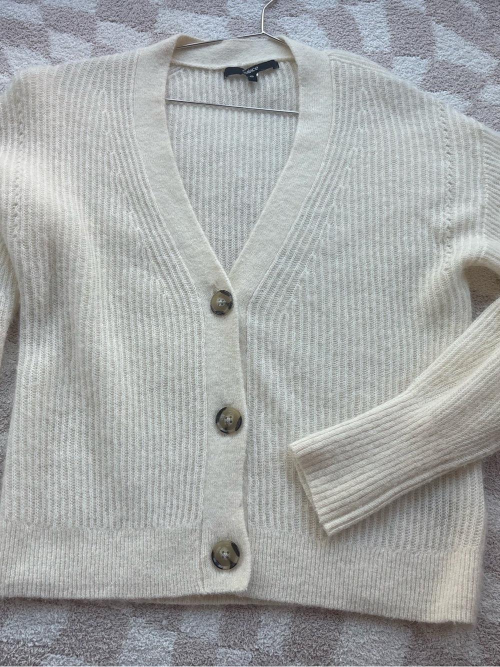Quince Cream Ribbed V-Neck Button Cardigan